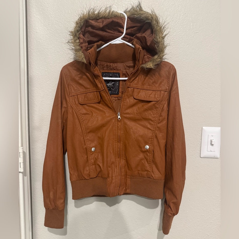 Vintage Brown Hooded Jacket with Faux Fur Trim